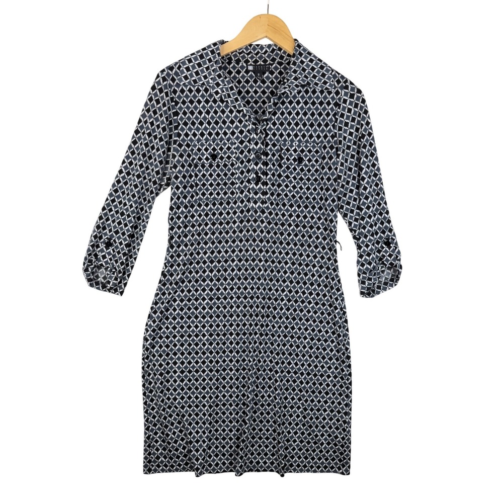Carole Little Diamond Print 3/4 Sleeve Dress size 8 Black/Gray